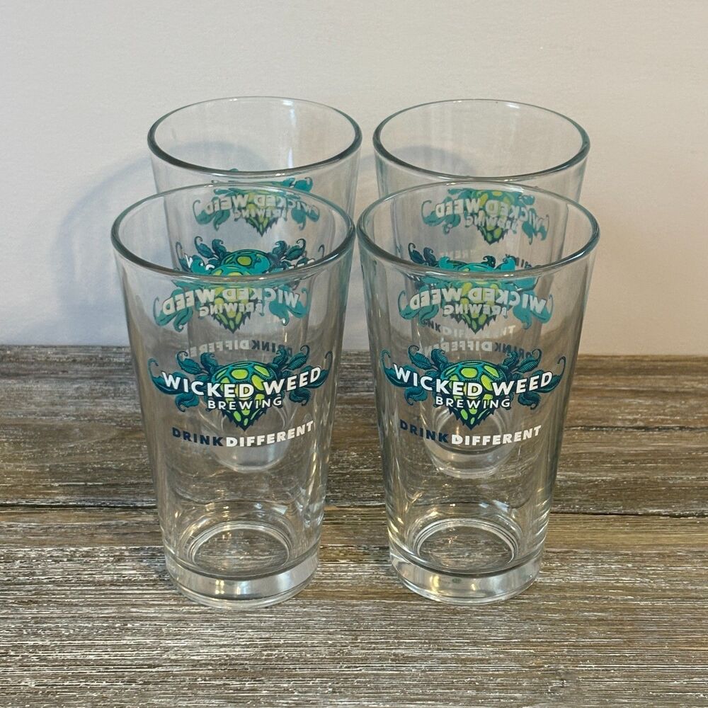 Wicked Weed Brewing Craft Pint Beer Glasses Asheville NC Set Of Four (4) Logo